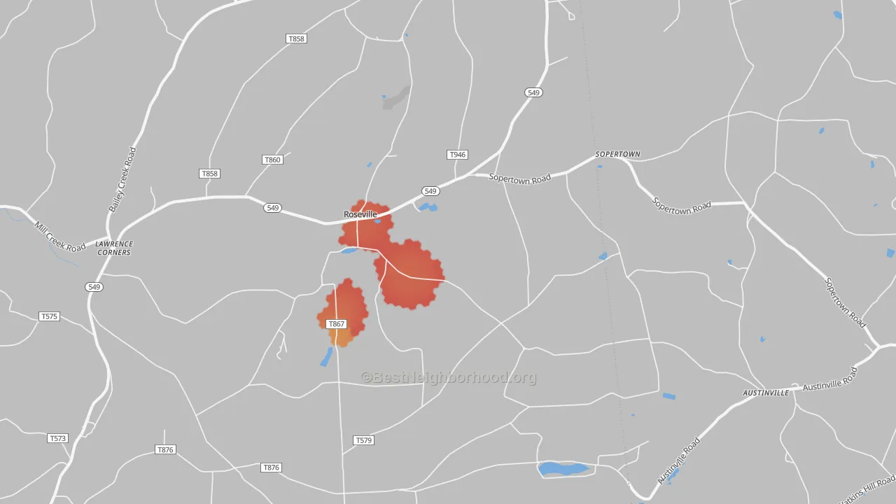 Walk Grade map of Roseville, PA, walkable areas in green and car-dependent areas in red
