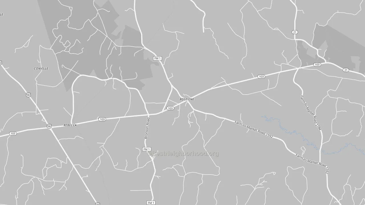 Walk Grade map of Rosevine, TX, walkable areas in green and car-dependent areas in red