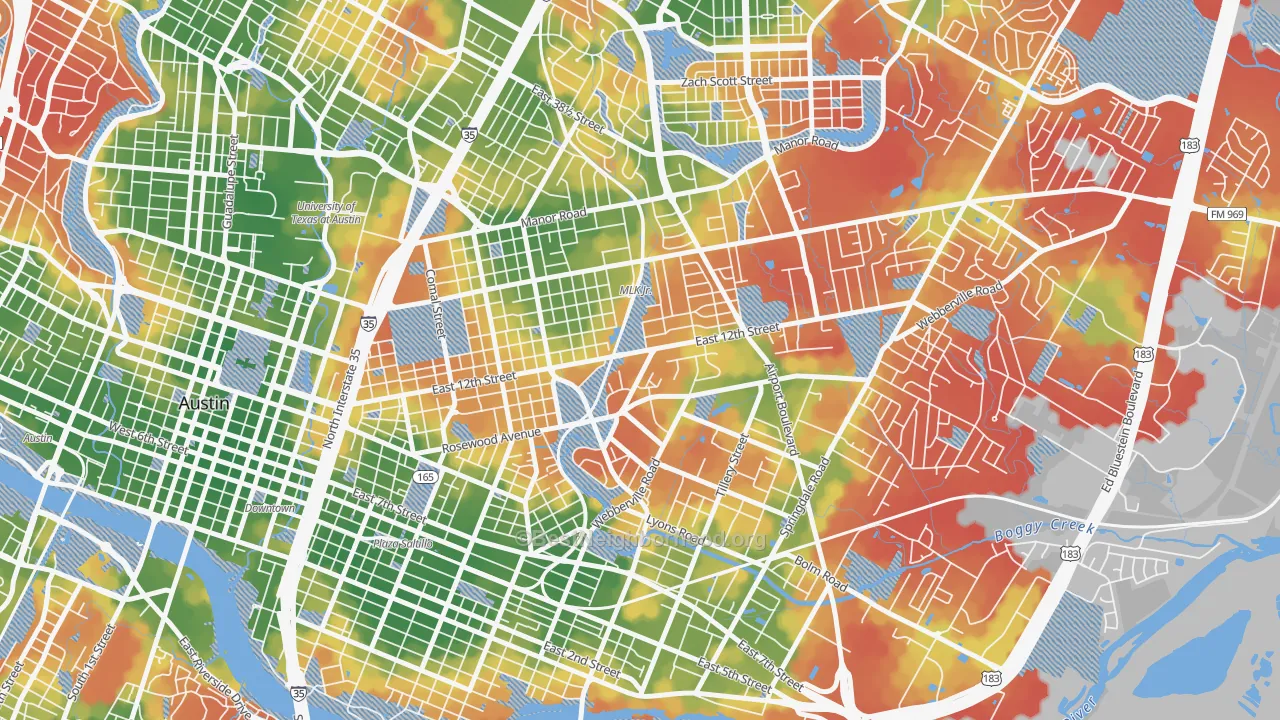 Walk Grade map of Rosewood, Austin, TX, walkable areas in green and car-dependent areas in red