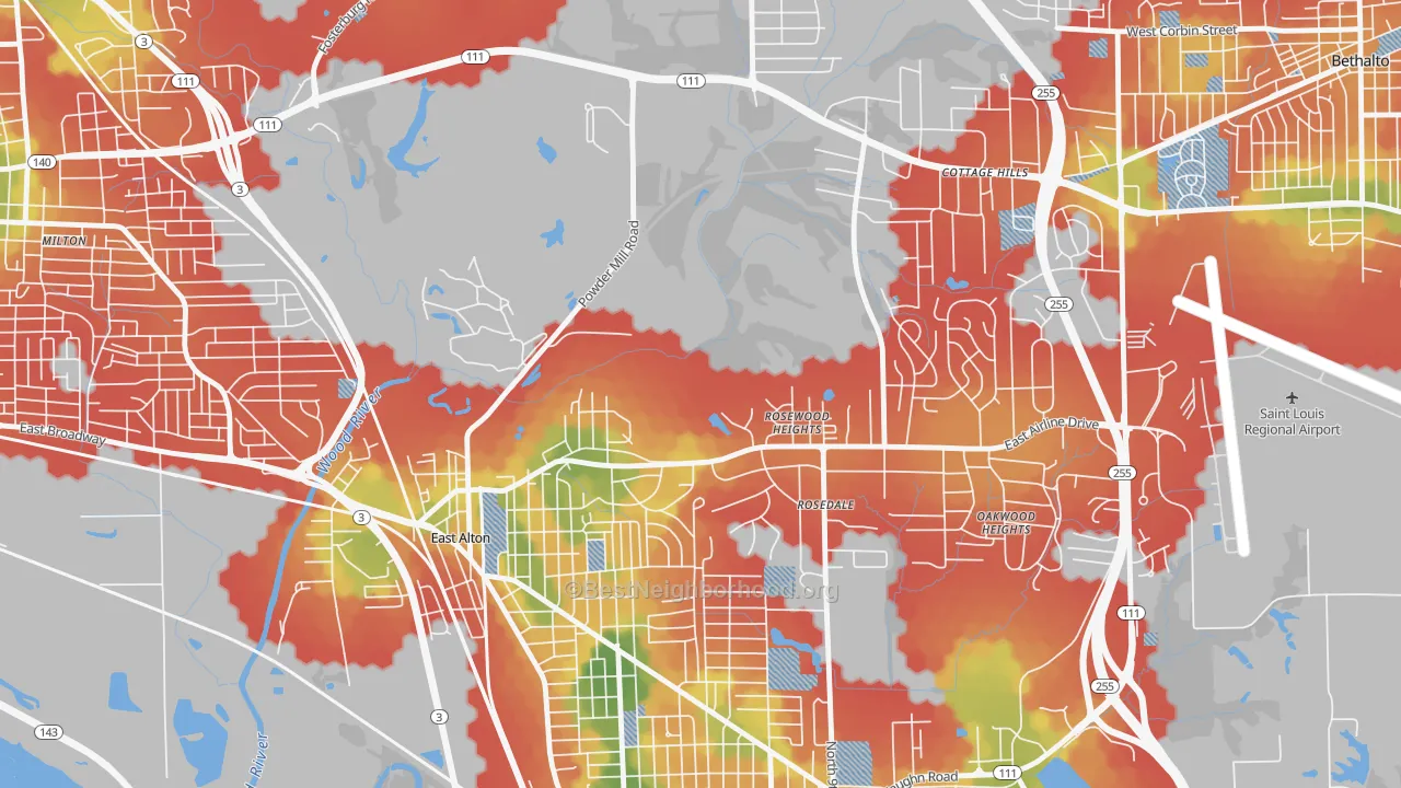 Walk Grade map of Rosewood Heights, IL, walkable areas in green and car-dependent areas in red