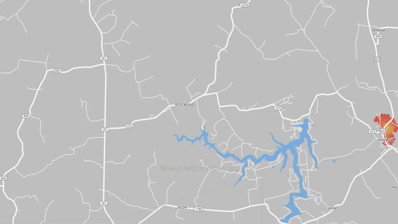 Walk Grade map of Rosewood, KY, walkable areas in green and car-dependent areas in red