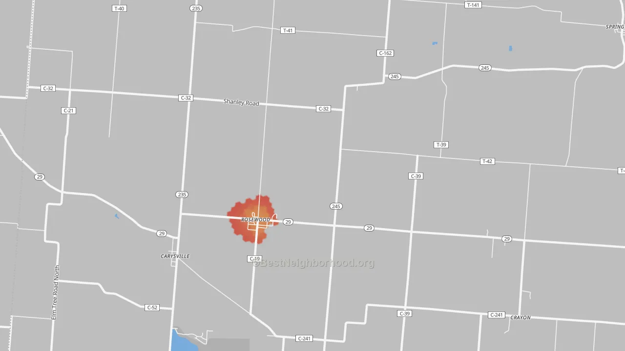 Walk Grade map of Rosewood, OH, walkable areas in green and car-dependent areas in red