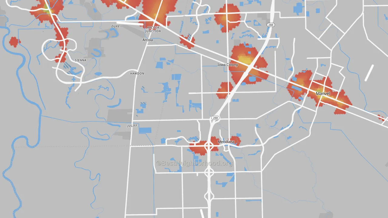 Walk Grade map of Rosharon, TX, walkable areas in green and car-dependent areas in red