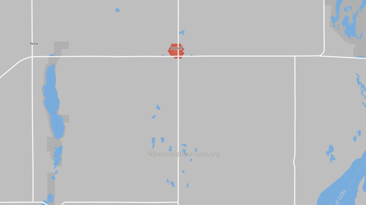 Walk Grade map of Rosholt, SD, walkable areas in green and car-dependent areas in red