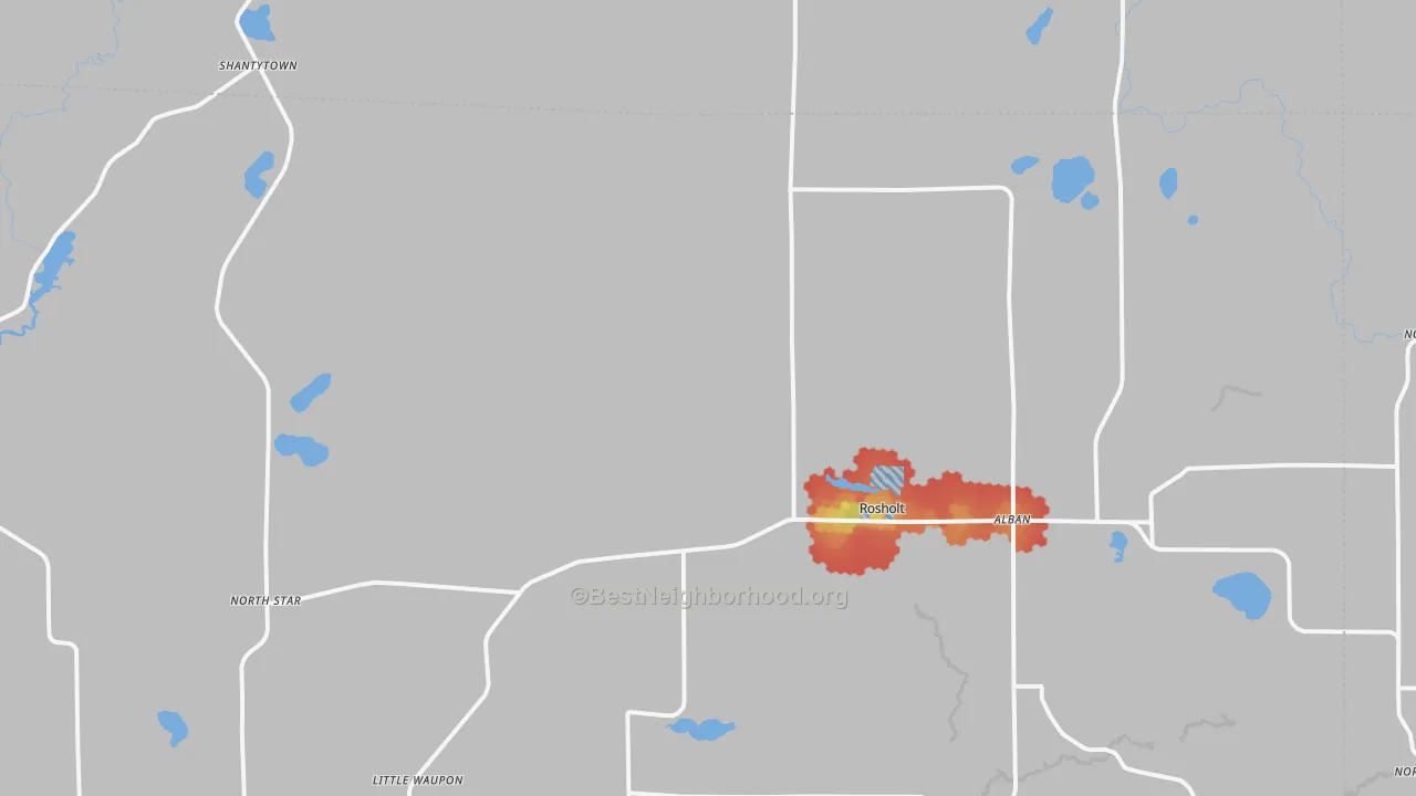 Walk Grade map of Rosholt, WI, walkable areas in green and car-dependent areas in red