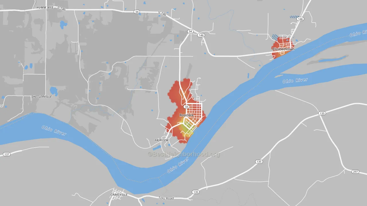 Walk Grade map of Rosiclare, IL, walkable areas in green and car-dependent areas in red