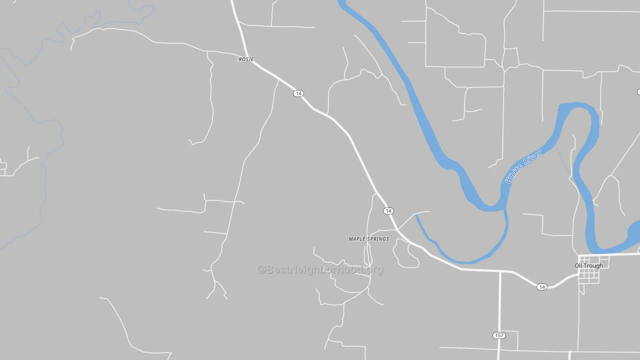 Walk Grade map of Rosie, AR, walkable areas in green and car-dependent areas in red