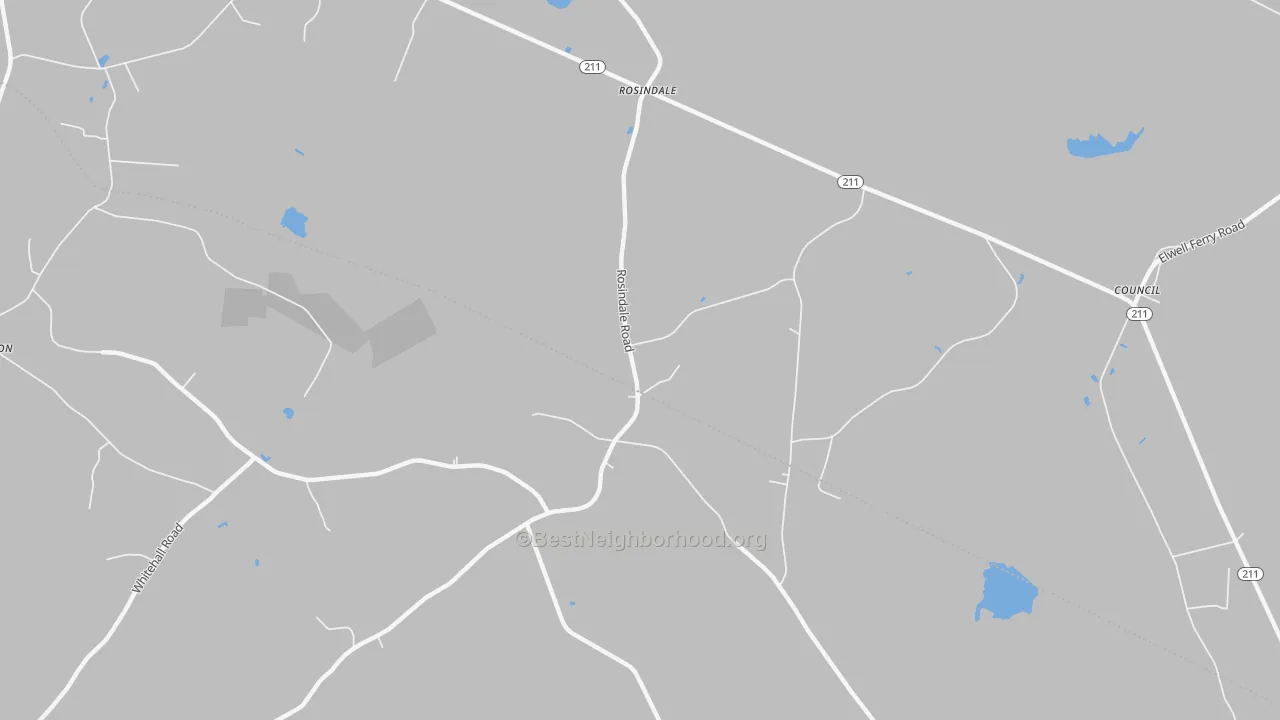 Walk Grade map of Rosindale, NC, walkable areas in green and car-dependent areas in red