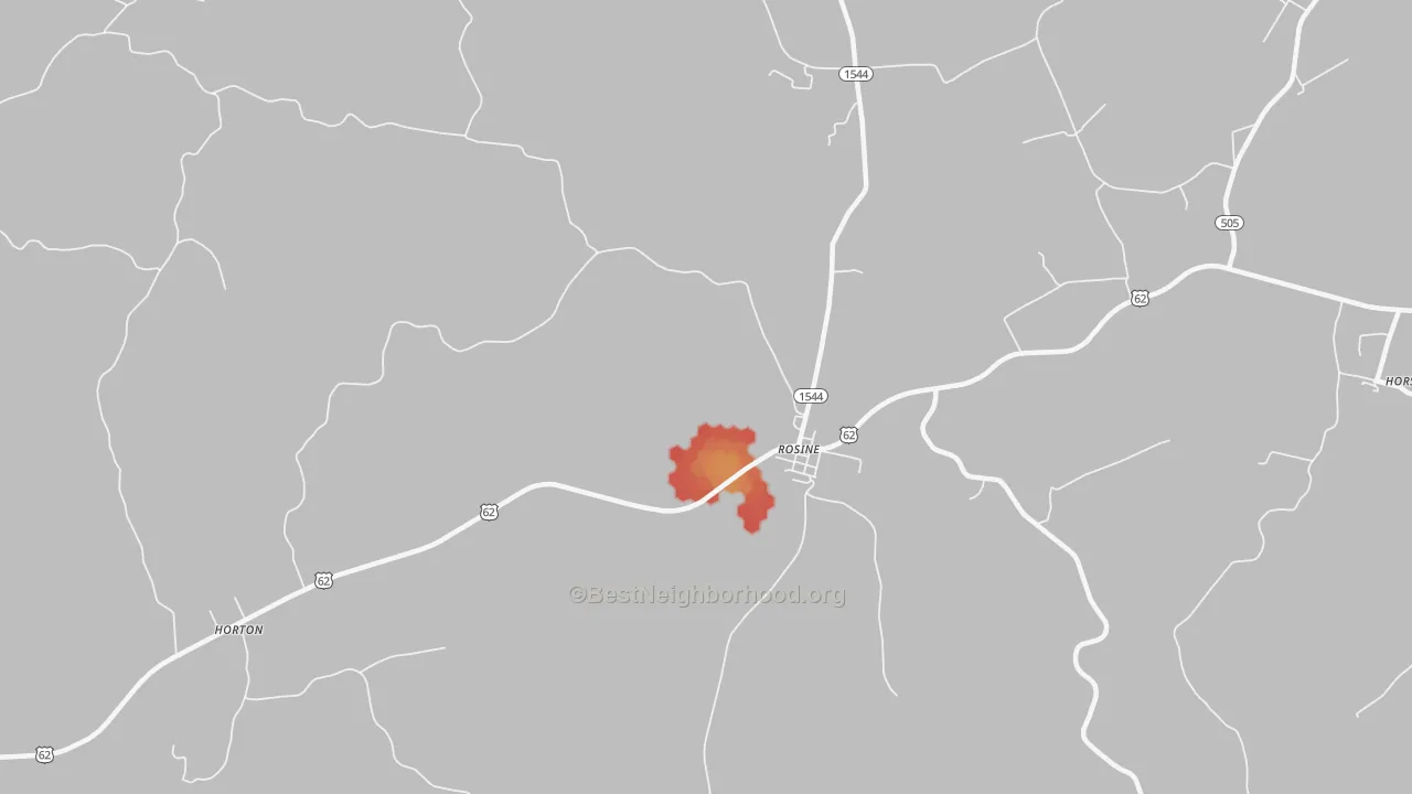 Walk Grade map of Rosine, KY, walkable areas in green and car-dependent areas in red