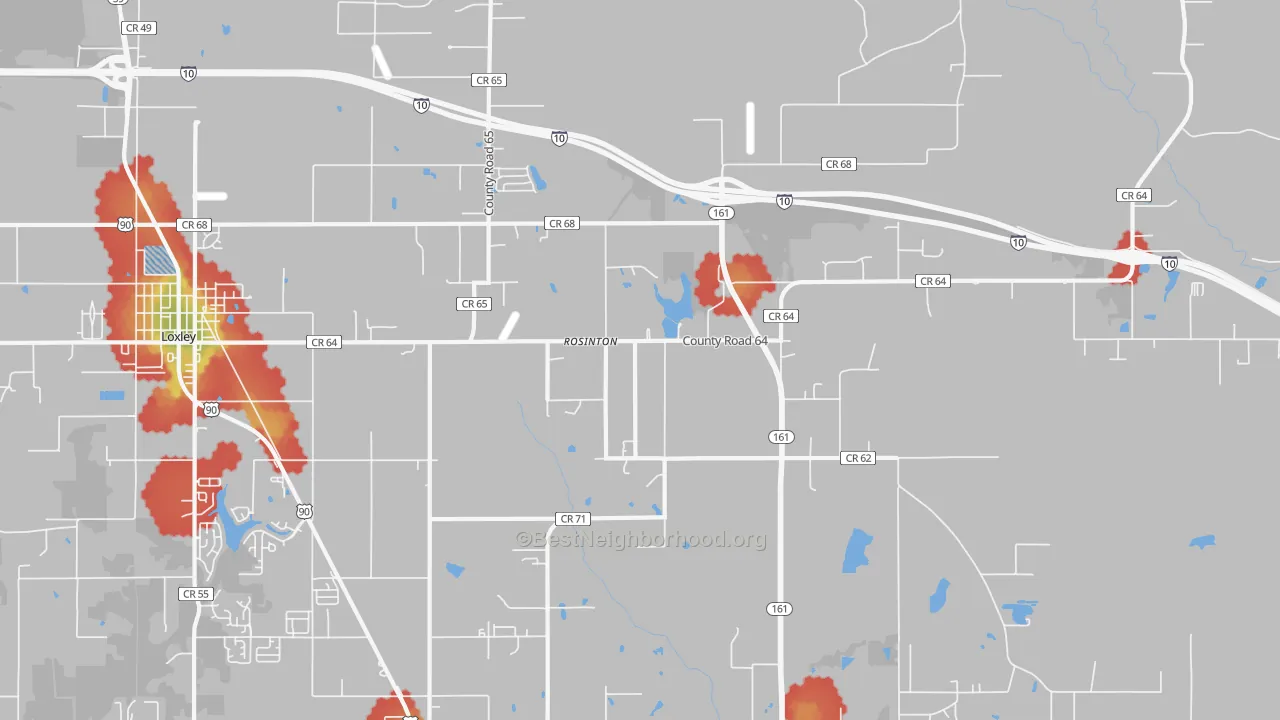 Walk Grade map of Rosinton, AL, walkable areas in green and car-dependent areas in red