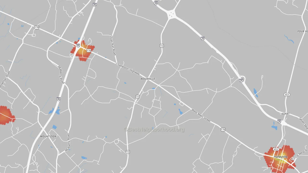 Walk Grade map of Rosinville, SC, walkable areas in green and car-dependent areas in red