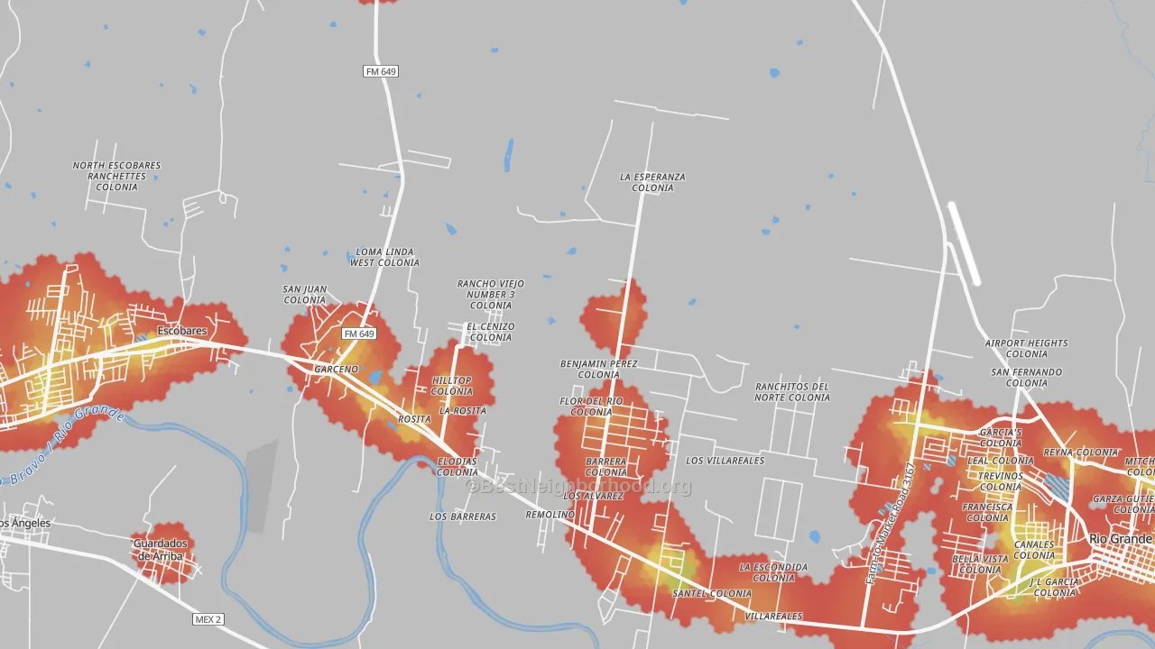 Walk Grade map of Rosita, TX, walkable areas in green and car-dependent areas in red