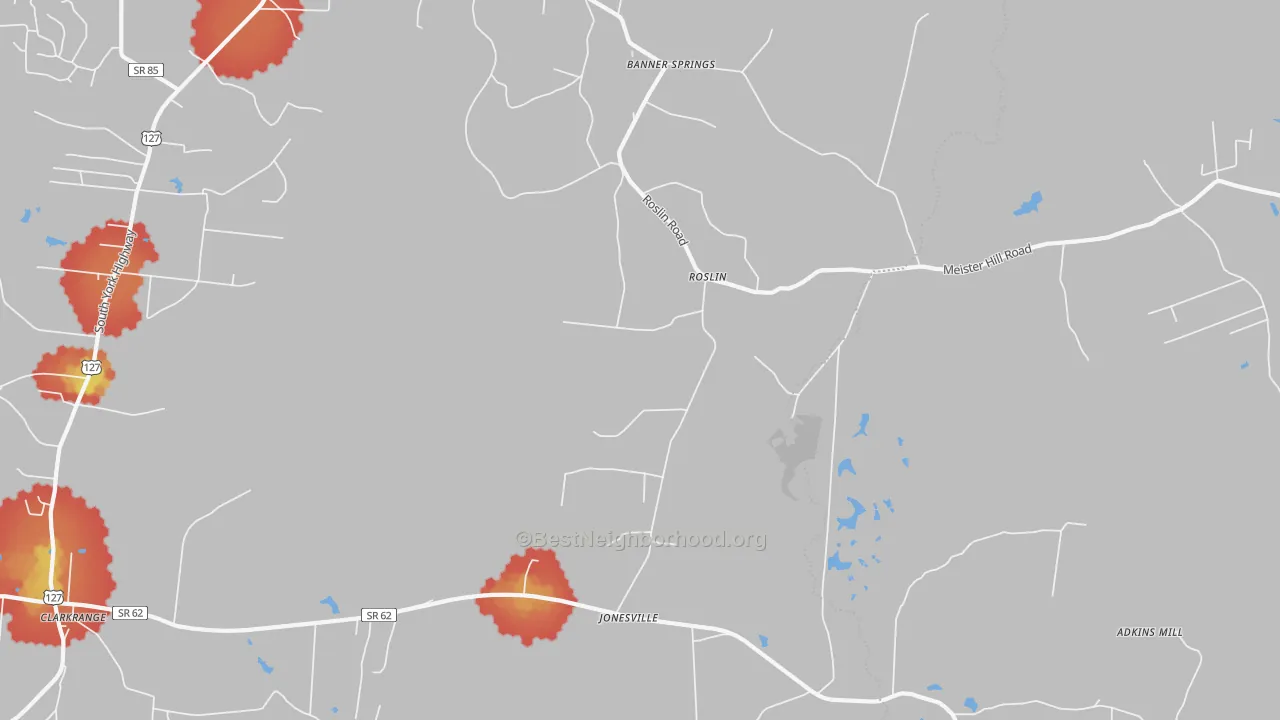 Walk Grade map of Roslin, TN, walkable areas in green and car-dependent areas in red