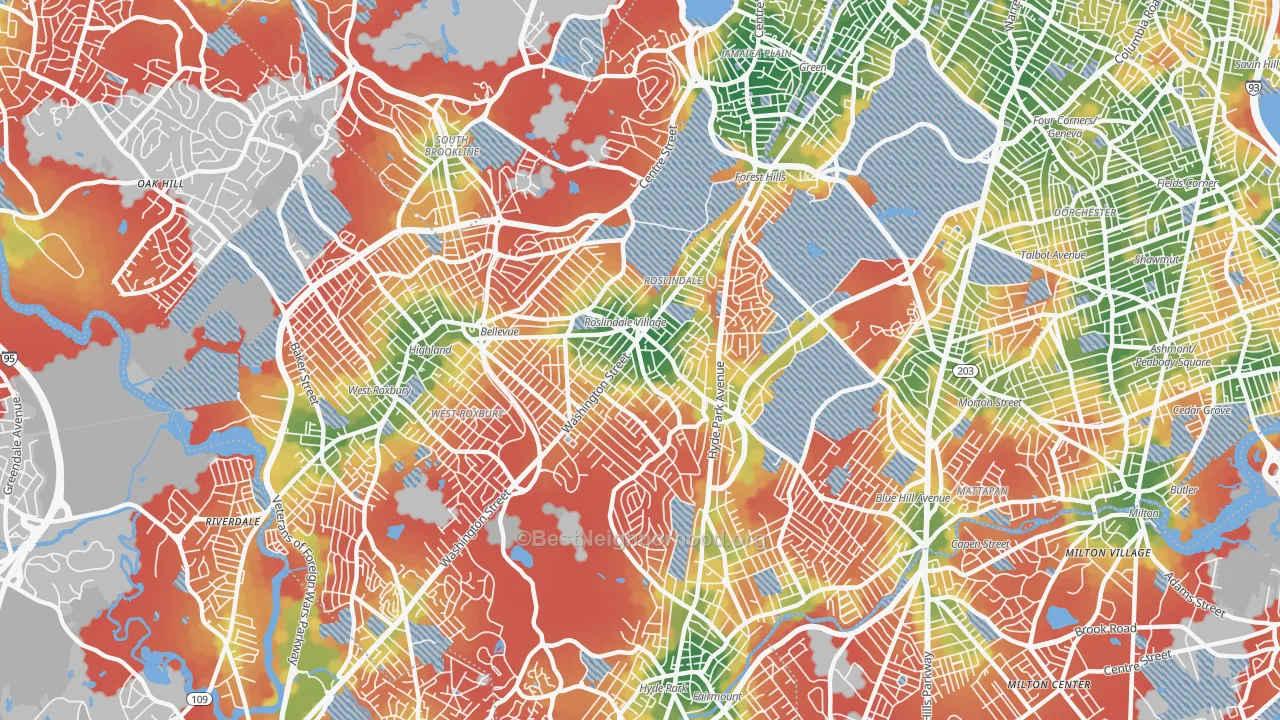 Walk Grade map of Roslindale, MA, walkable areas in green and car-dependent areas in red
