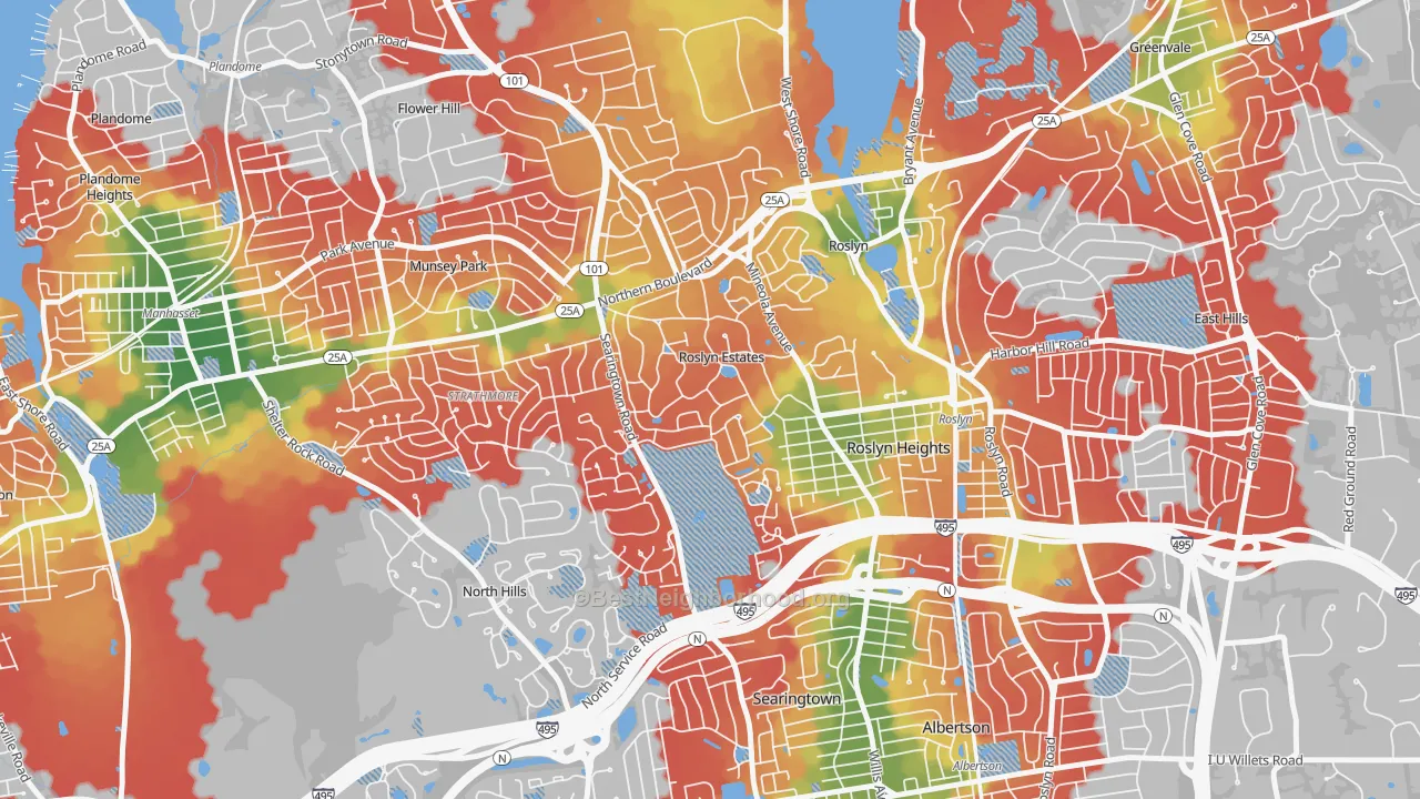 Walk Grade map of Roslyn Estates, NY, walkable areas in green and car-dependent areas in red