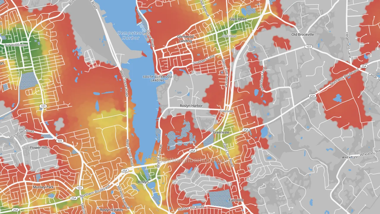 Walk Grade map of Roslyn Harbor, NY, walkable areas in green and car-dependent areas in red
