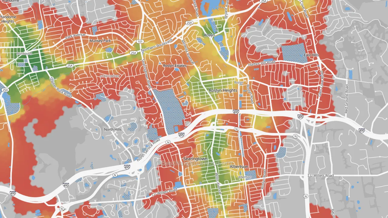 Walk Grade map of Roslyn, NY, walkable areas in green and car-dependent areas in red