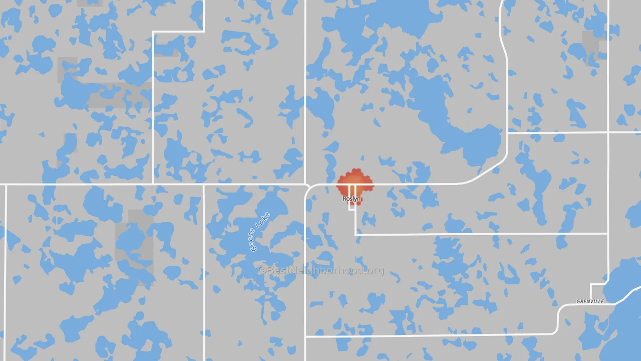 Walk Grade map of Roslyn, SD, walkable areas in green and car-dependent areas in red