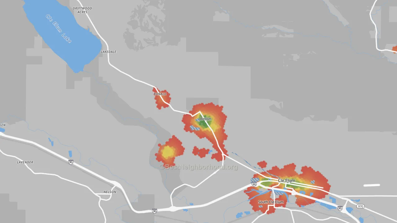 Walk Grade map of Roslyn, WA, walkable areas in green and car-dependent areas in red