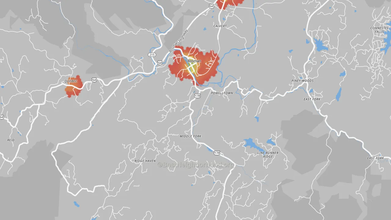 Walk Grade map of Rosman, NC, walkable areas in green and car-dependent areas in red