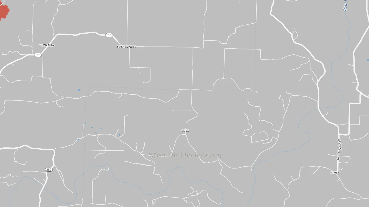 Walk Grade map of Ross, AR, walkable areas in green and car-dependent areas in red