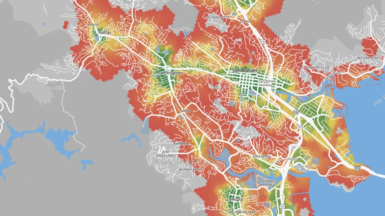 Walk Grade map of Ross, CA, walkable areas in green and car-dependent areas in red