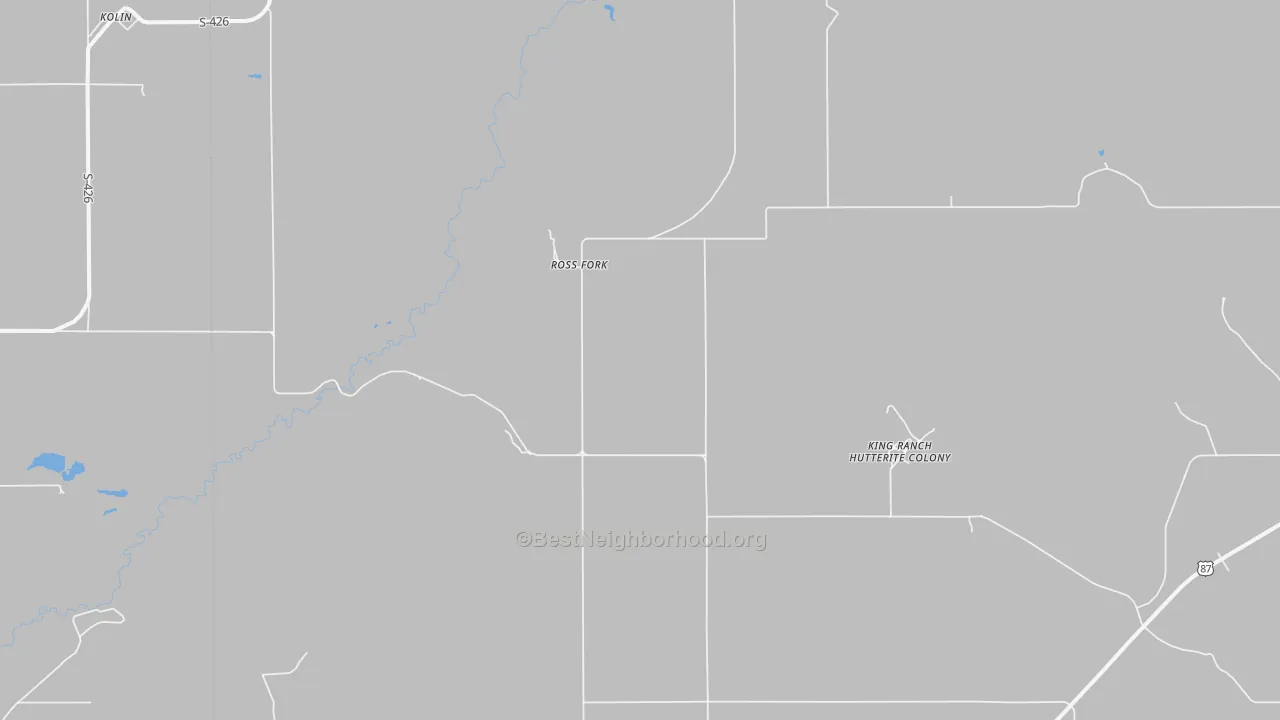 Walk Grade map of Ross Fork, MT, walkable areas in green and car-dependent areas in red