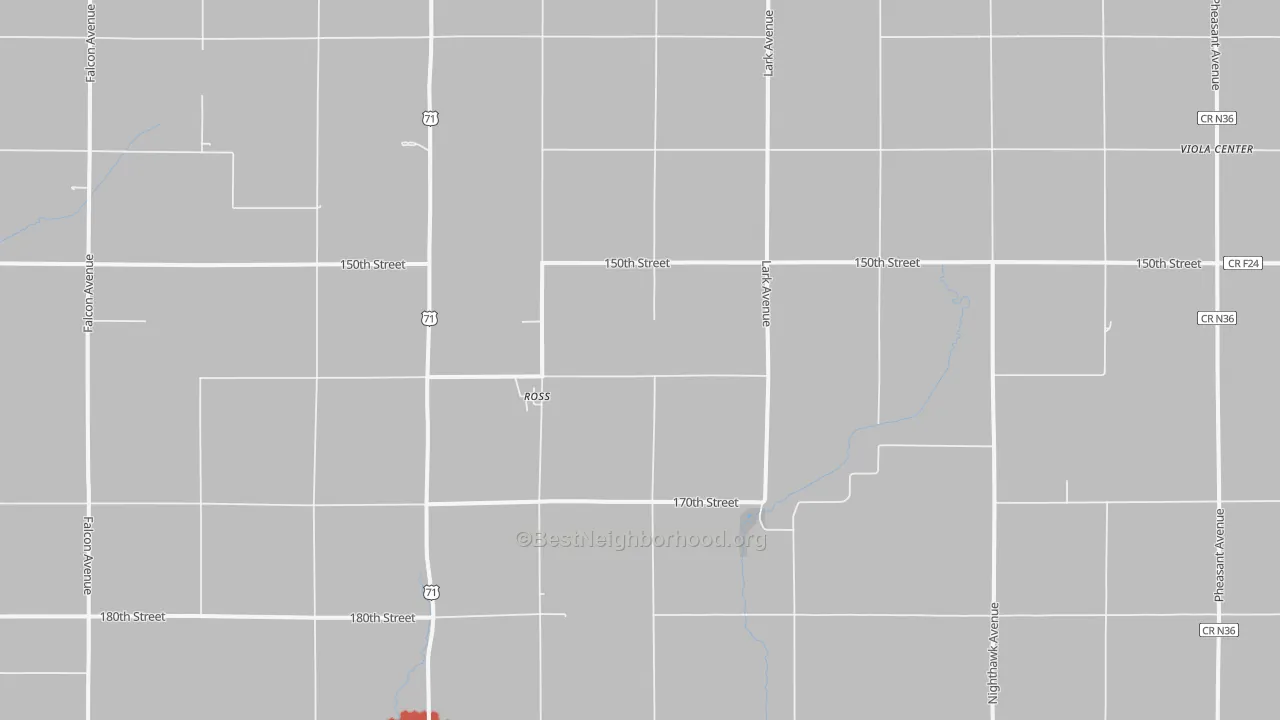Walk Grade map of Ross, IA, walkable areas in green and car-dependent areas in red