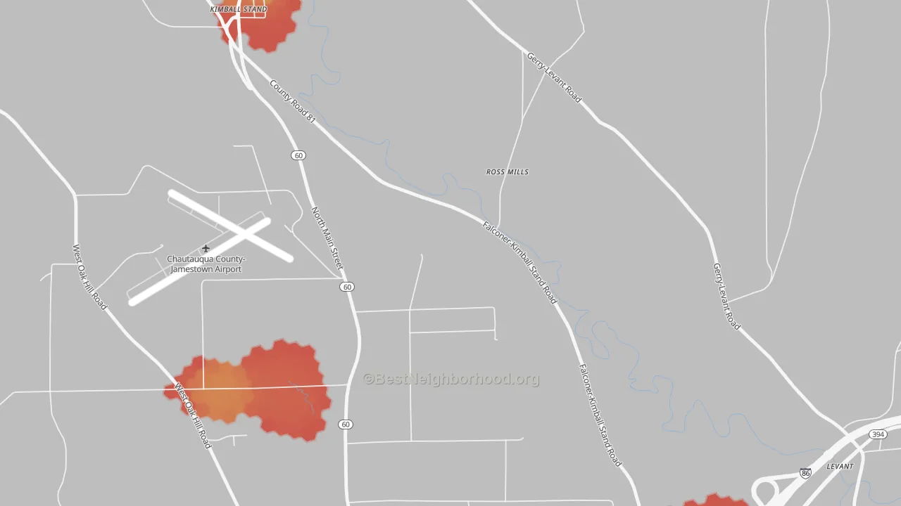 Walk Grade map of Ross Mill, NY, walkable areas in green and car-dependent areas in red