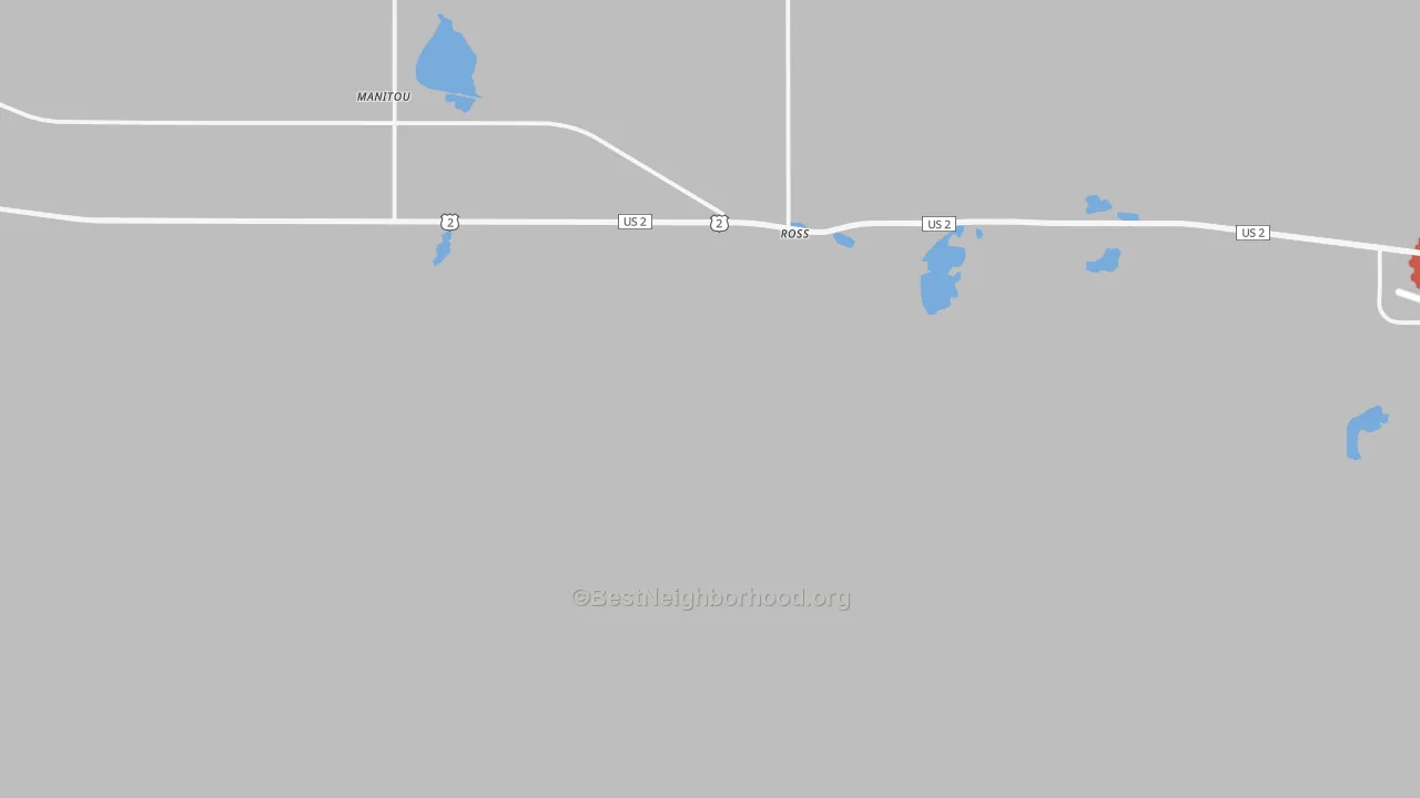 Walk Grade map of Ross, ND, walkable areas in green and car-dependent areas in red