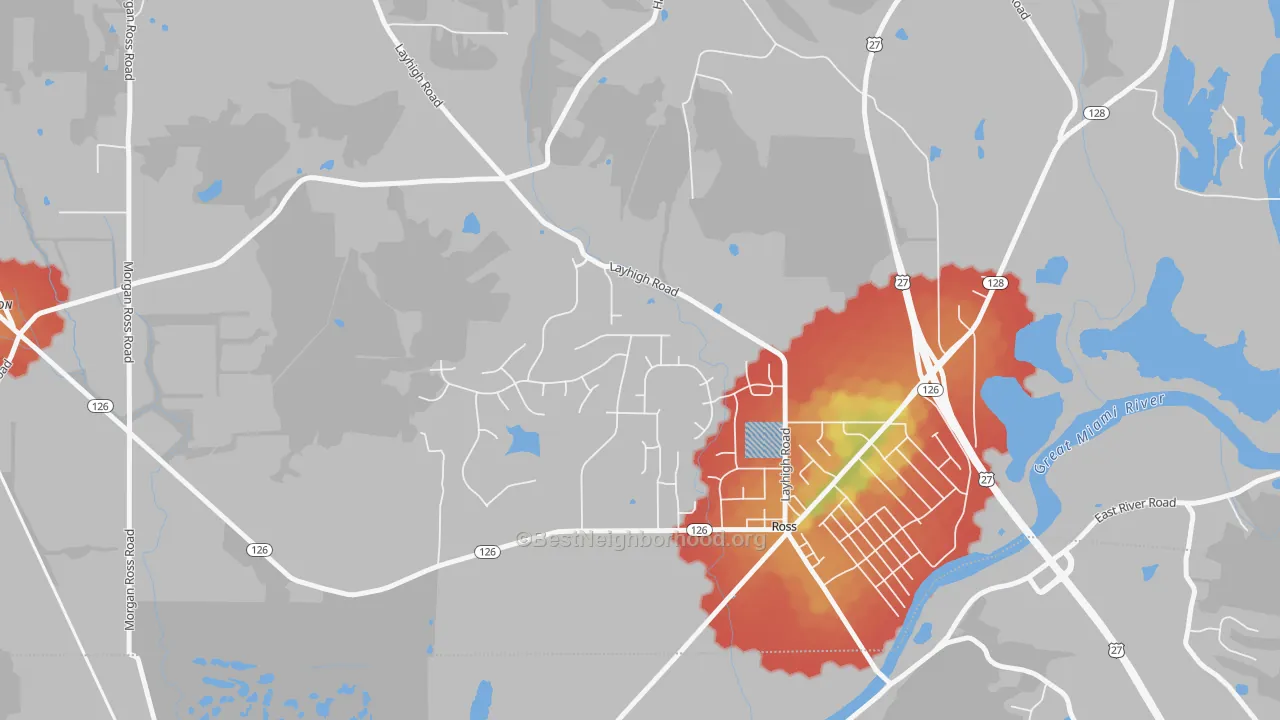 Walk Grade map of Ross, OH, walkable areas in green and car-dependent areas in red