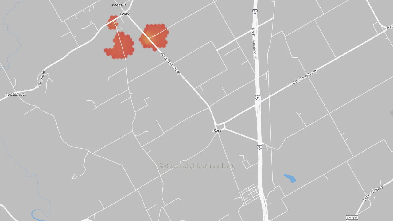 Walk Grade map of Ross, TX, walkable areas in green and car-dependent areas in red