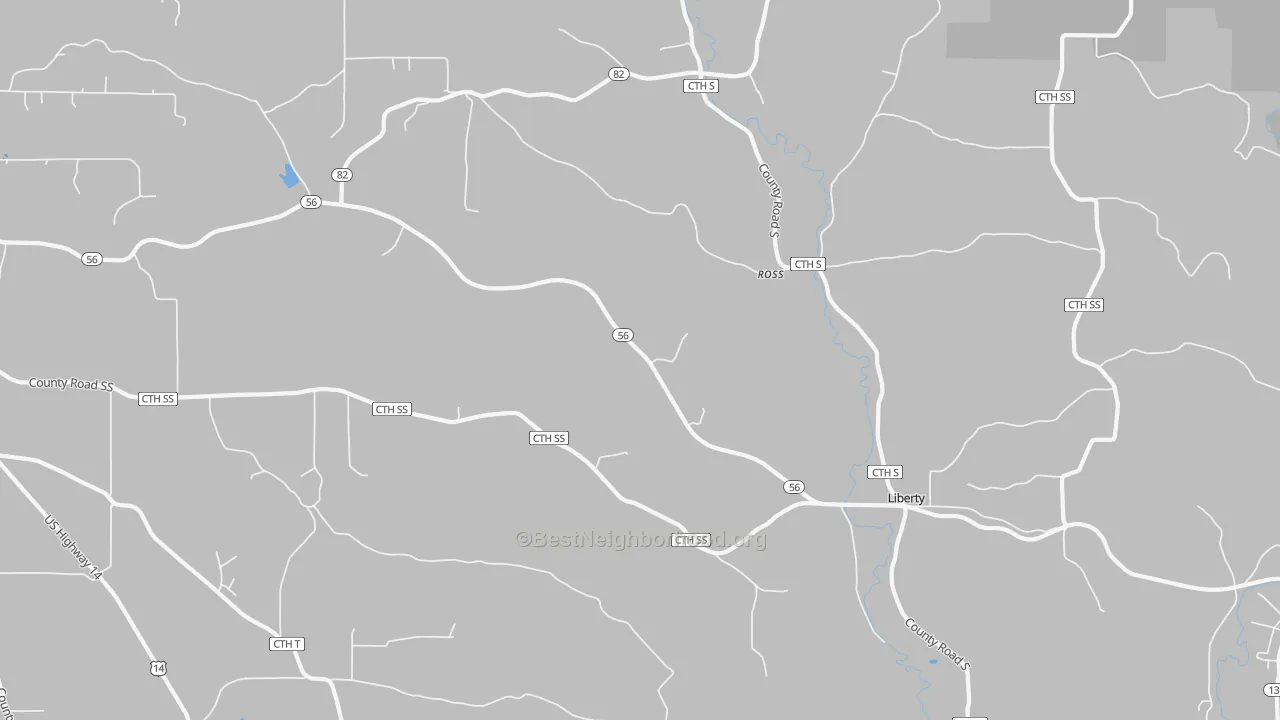 Walk Grade map of Ross, WI, walkable areas in green and car-dependent areas in red