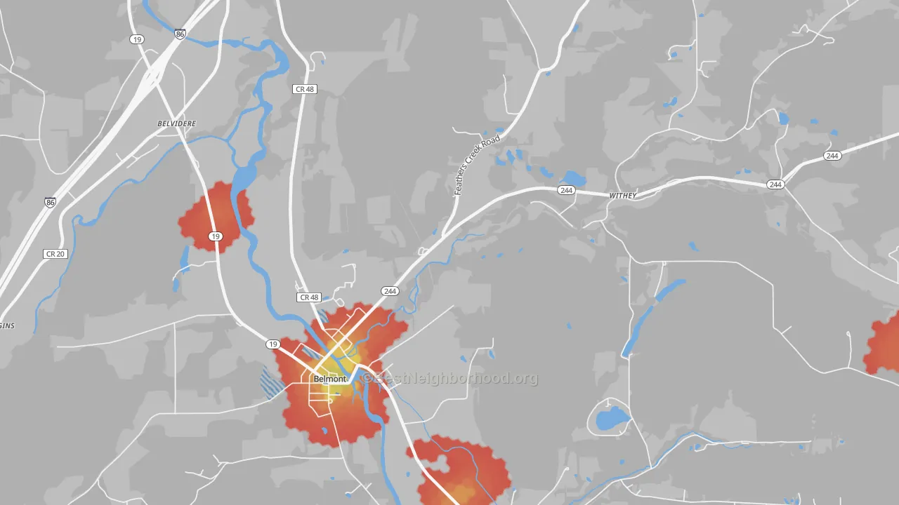 Walk Grade map of Rossburg, NY, walkable areas in green and car-dependent areas in red