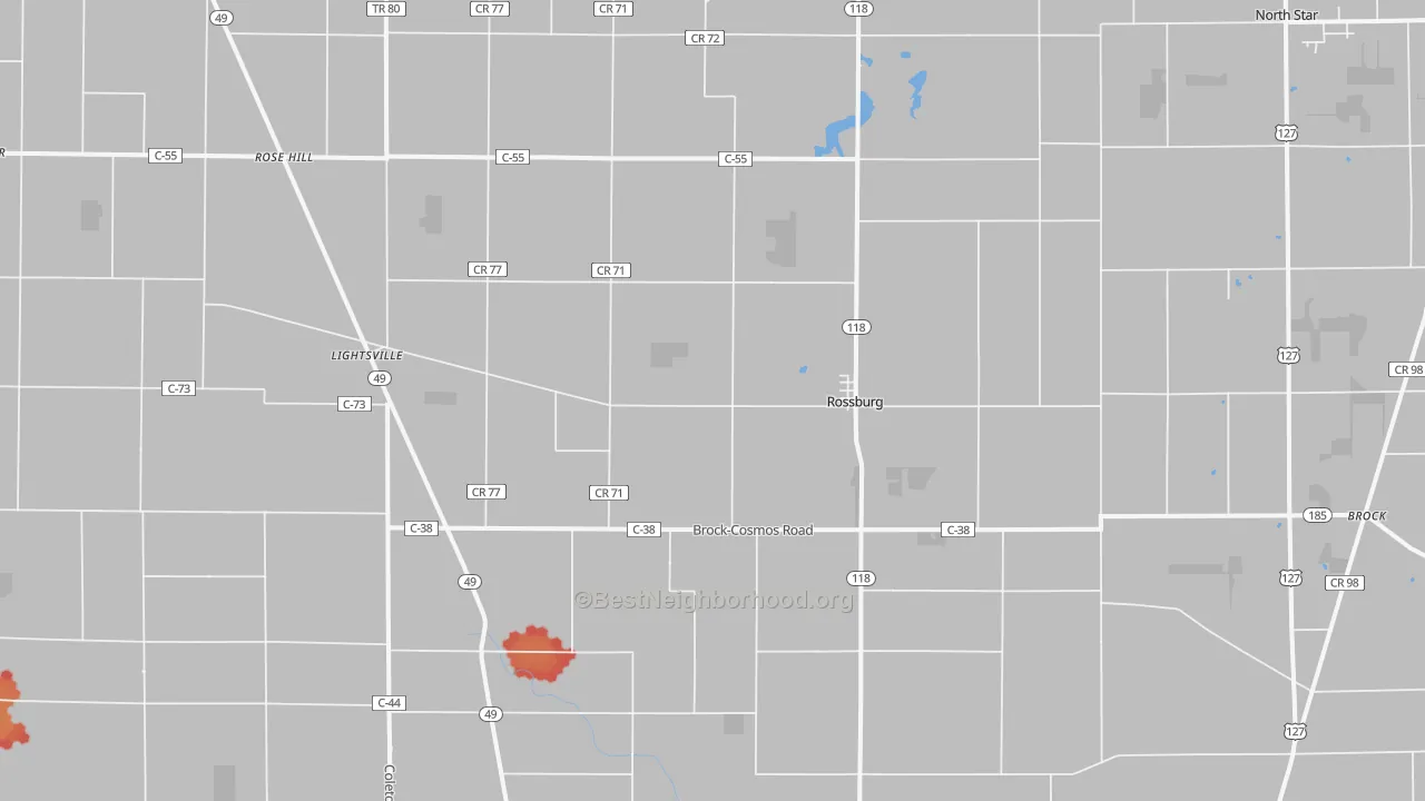 Walk Grade map of Rossburg, OH, walkable areas in green and car-dependent areas in red