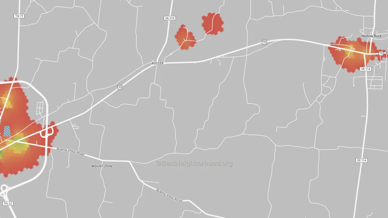 Walk Grade map of Rosser, TN, walkable areas in green and car-dependent areas in red