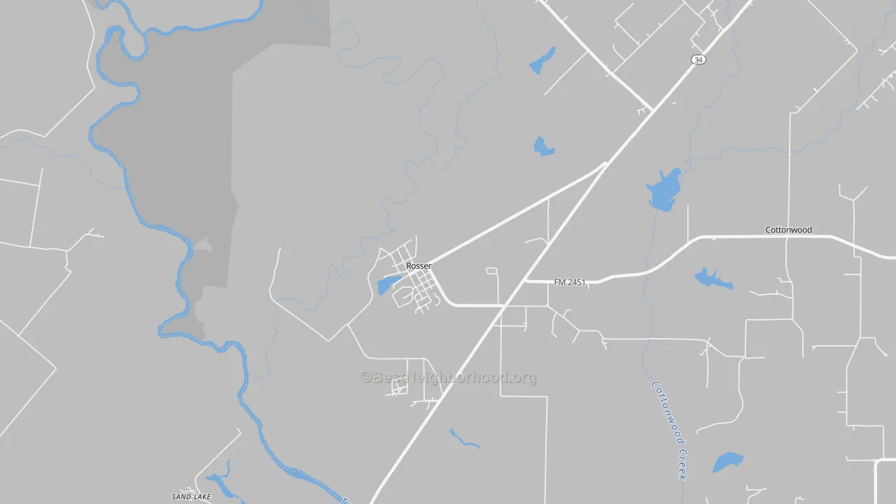 Walk Grade map of Rosser, TX, walkable areas in green and car-dependent areas in red