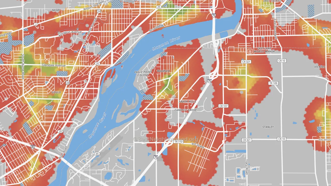 Walk Grade map of Rossford, OH, walkable areas in green and car-dependent areas in red
