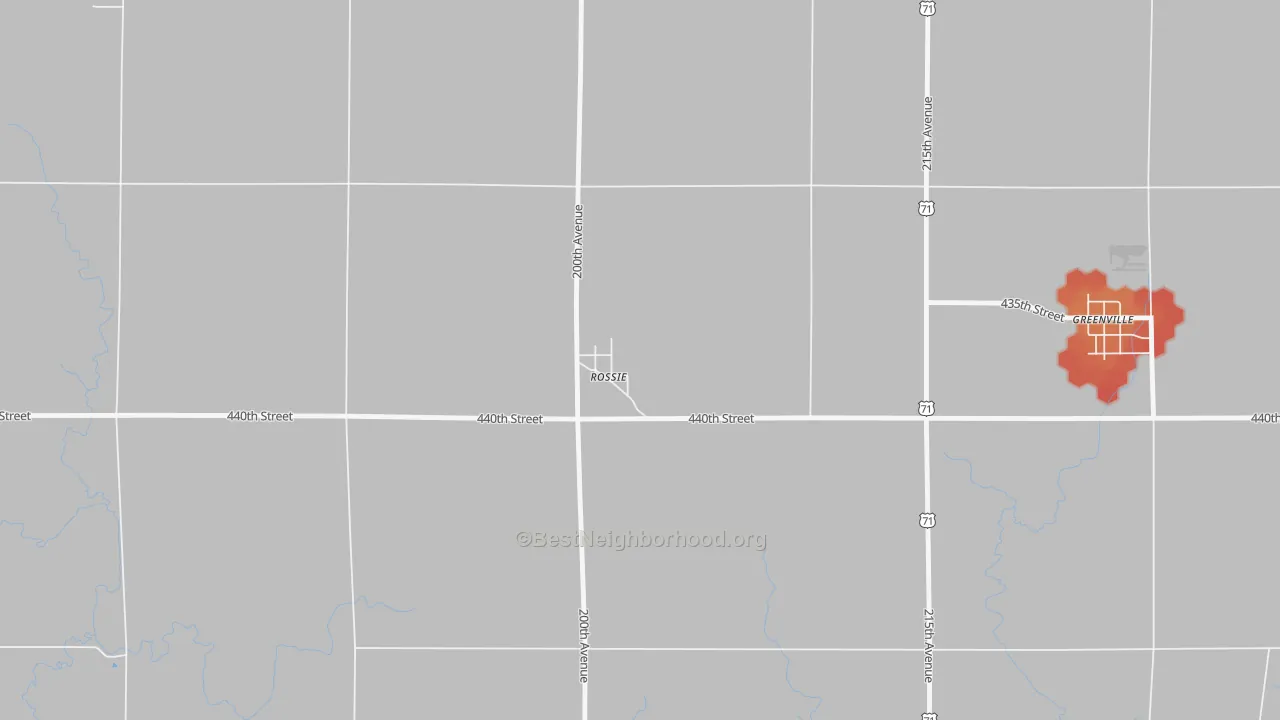 Walk Grade map of Rossie, IA, walkable areas in green and car-dependent areas in red