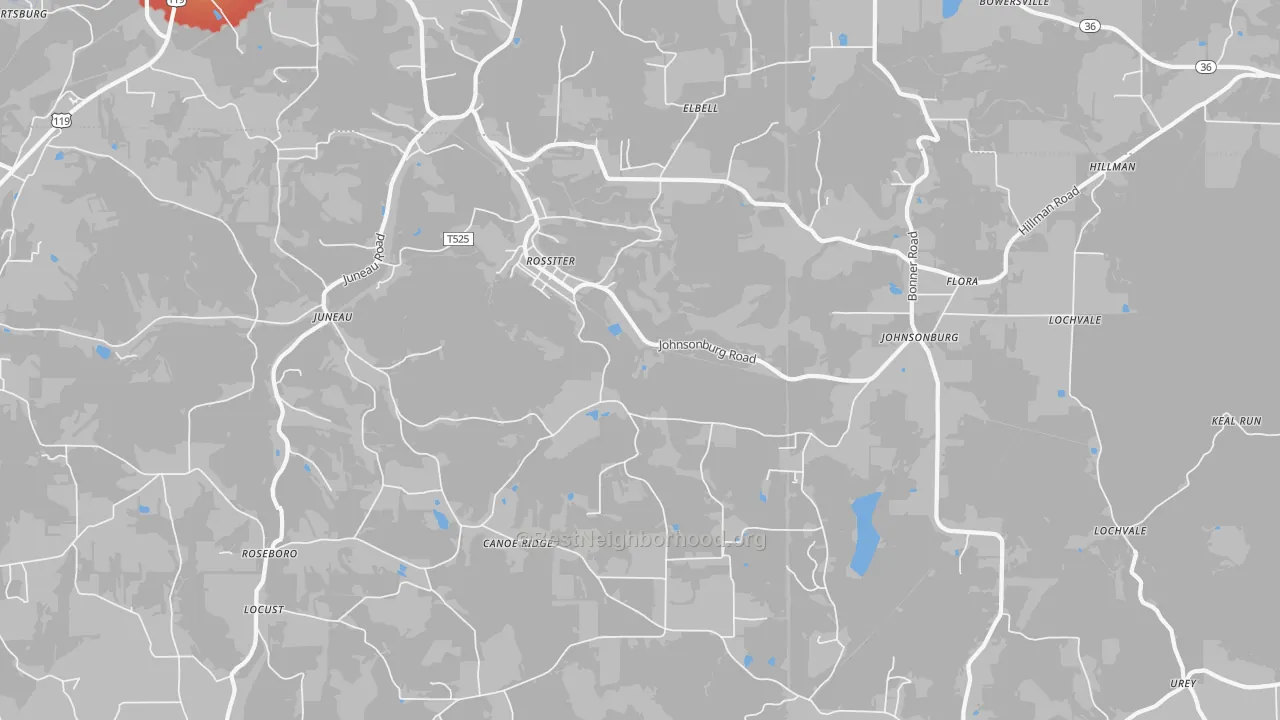 Walk Grade map of Rossiter, PA, walkable areas in green and car-dependent areas in red