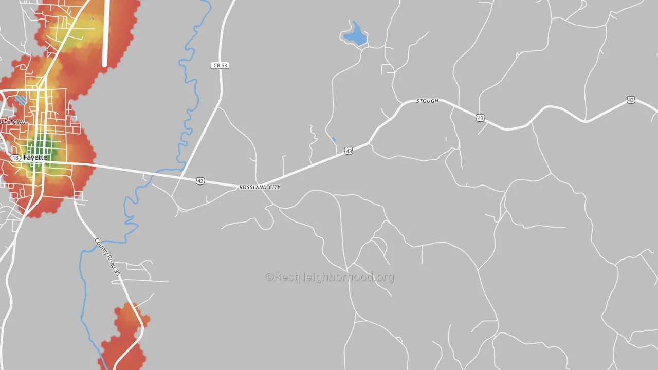 Walk Grade map of Rossland City, AL, walkable areas in green and car-dependent areas in red