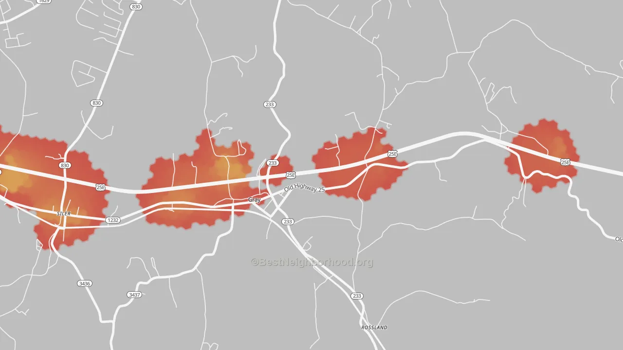 Walk Grade map of Rossland, KY, walkable areas in green and car-dependent areas in red