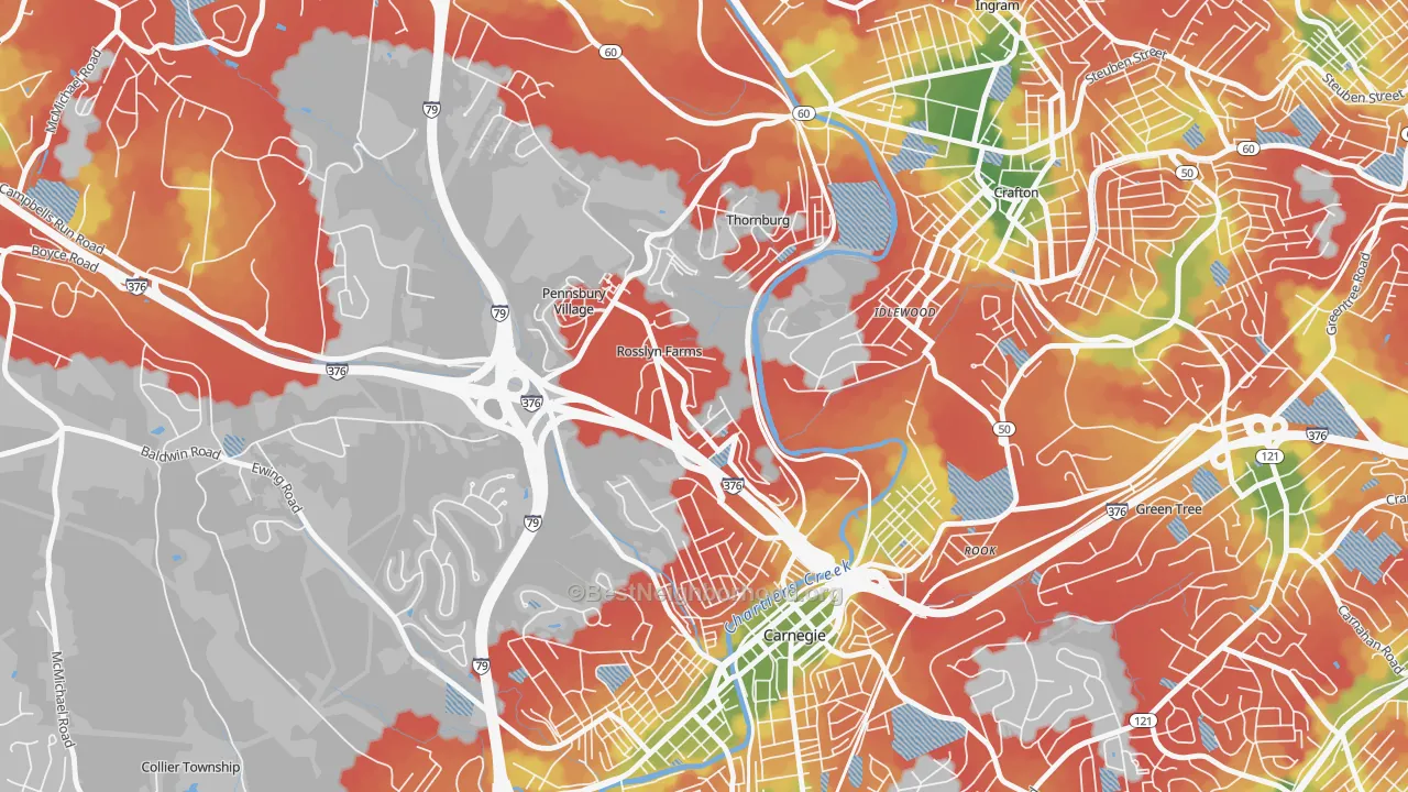 Walk Grade map of Rosslyn Farms, PA, walkable areas in green and car-dependent areas in red