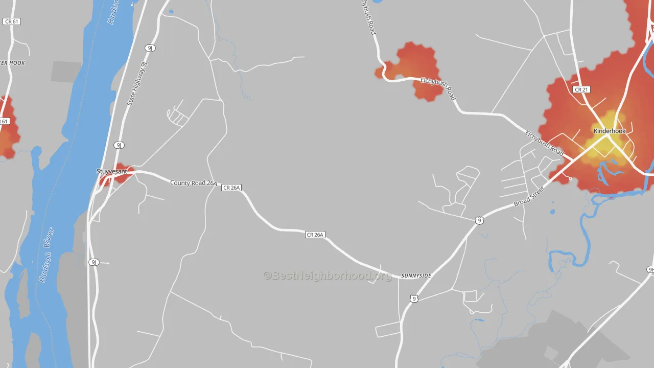 Walk Grade map of Rossman, NY, walkable areas in green and car-dependent areas in red