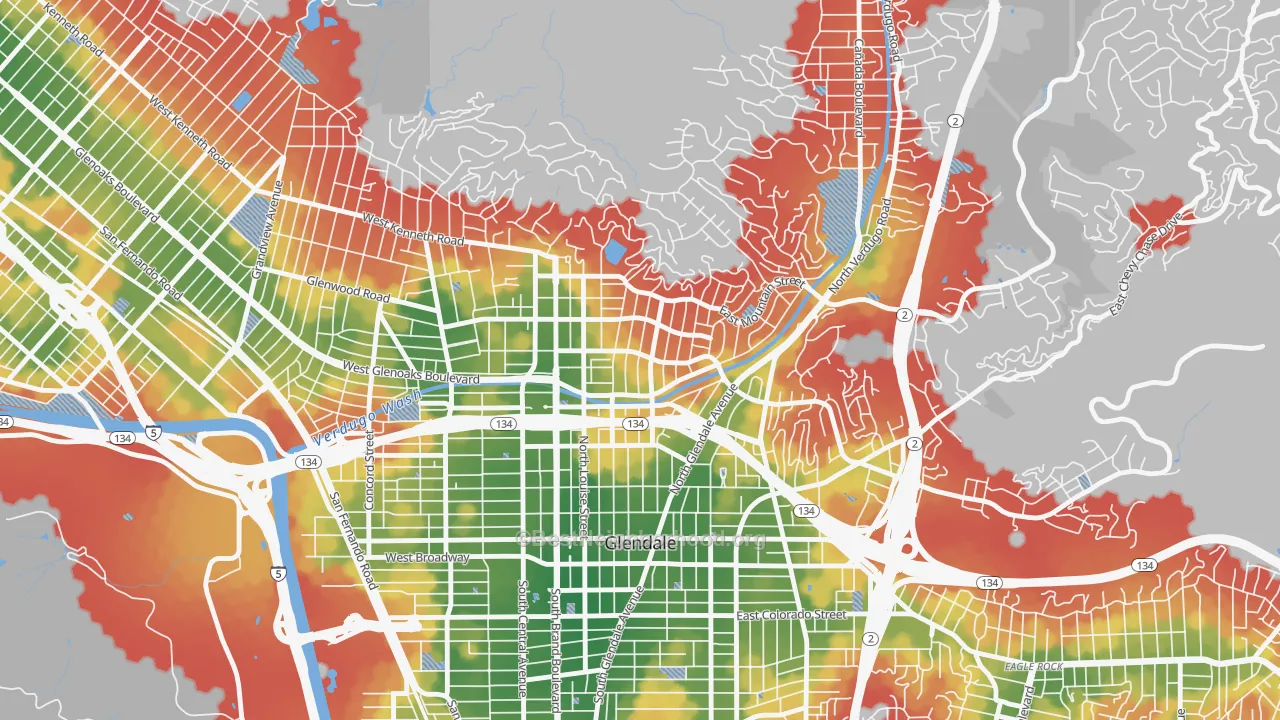 Walk Grade map of Rossmoyne, Glendale, CA, walkable areas in green and car-dependent areas in red