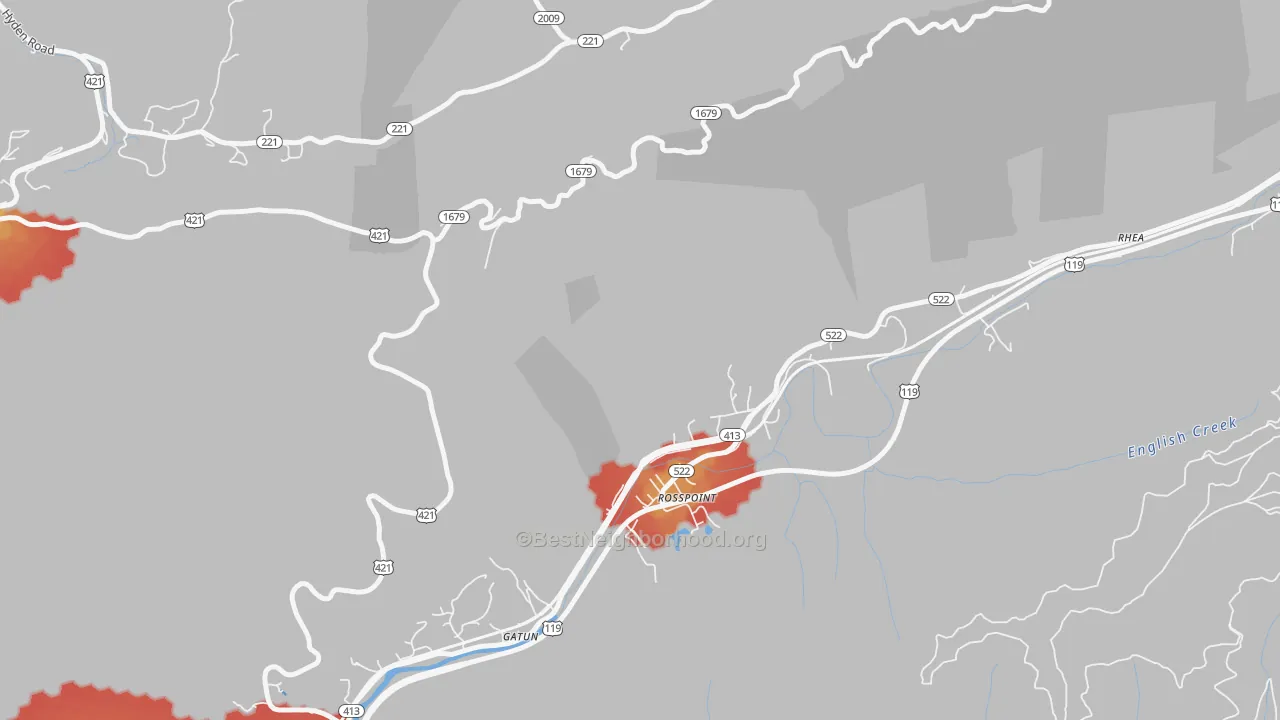 Walk Grade map of Rosspoint, KY, walkable areas in green and car-dependent areas in red