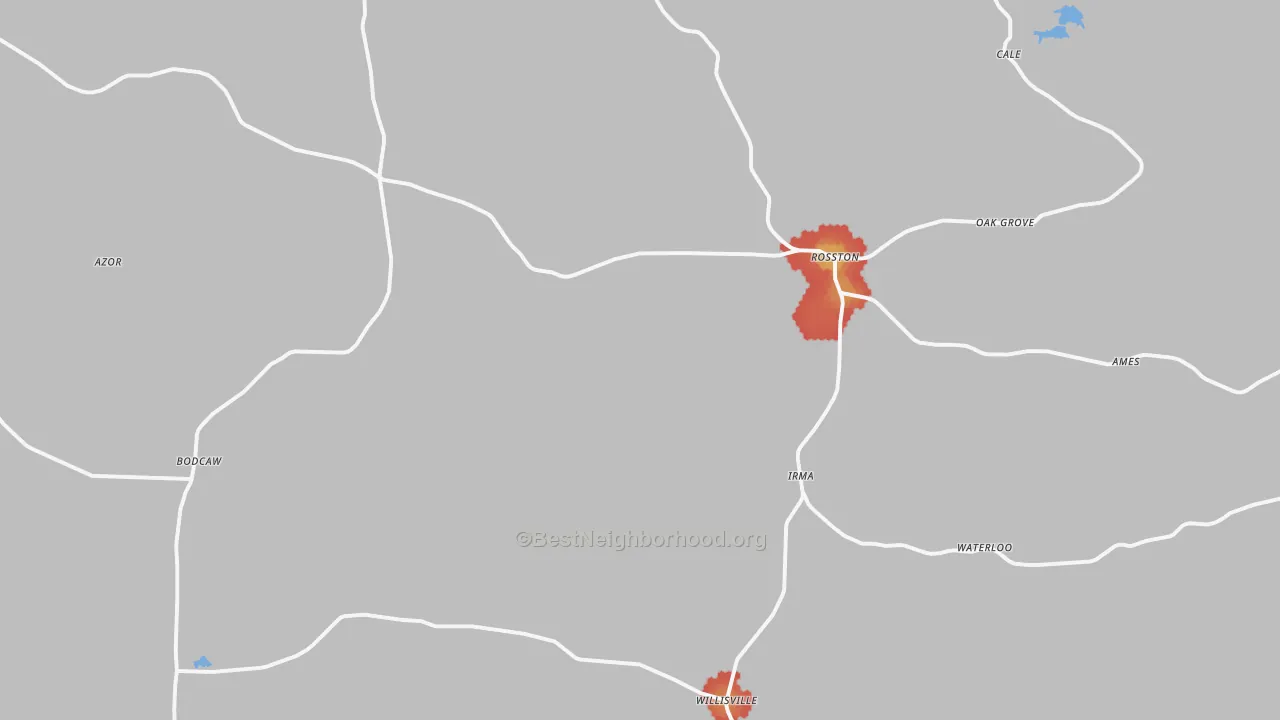 Walk Grade map of Rosston, AR, walkable areas in green and car-dependent areas in red