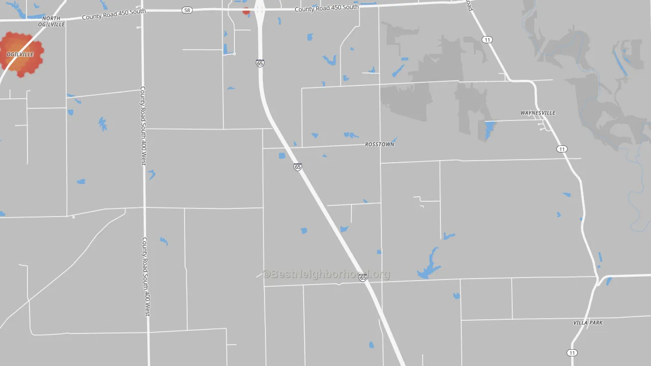 Walk Grade map of Rosstown, IN, walkable areas in green and car-dependent areas in red