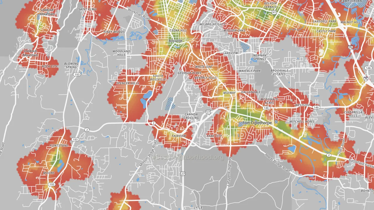 Walk Grade map of Rossville, GA, walkable areas in green and car-dependent areas in red