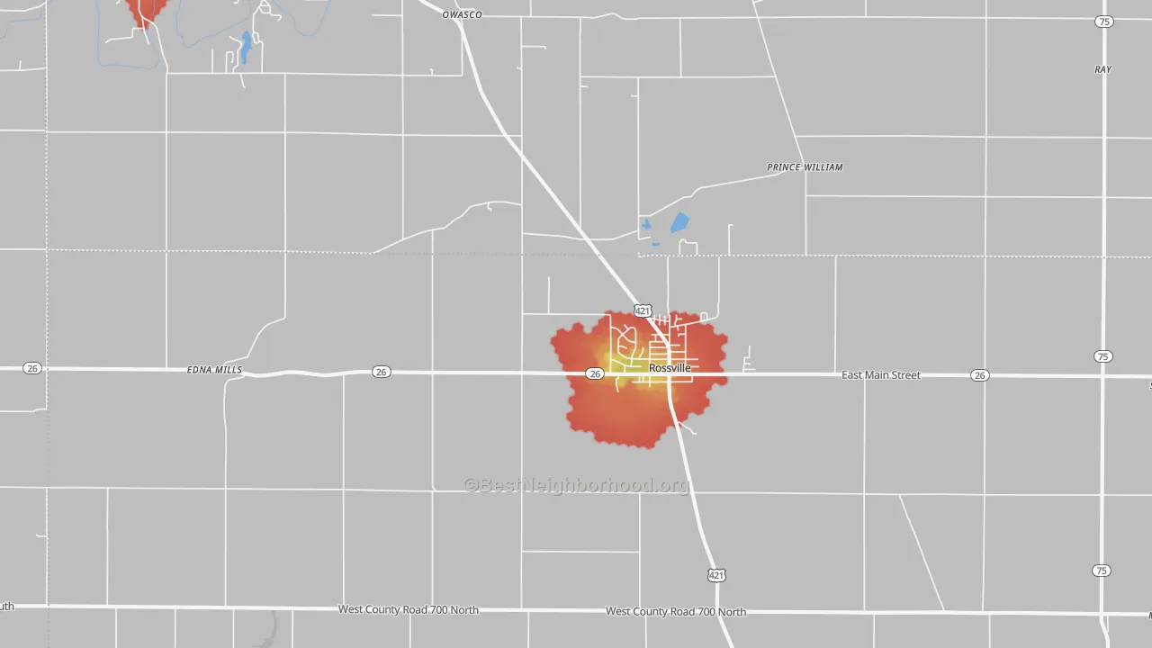 Walk Grade map of Rossville, IN, walkable areas in green and car-dependent areas in red